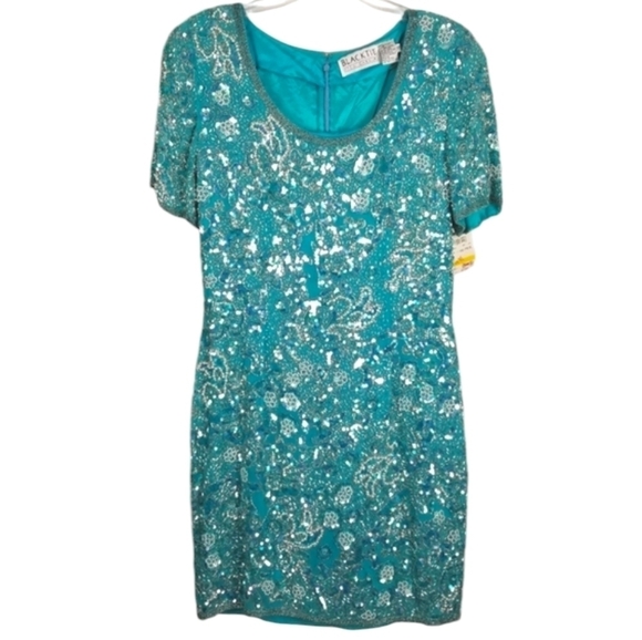 Oleg Cassini Black Tie Vtg Heavily Beaded Silk Mini Dress Size 12 Fairy Event - Picture 1 of 13